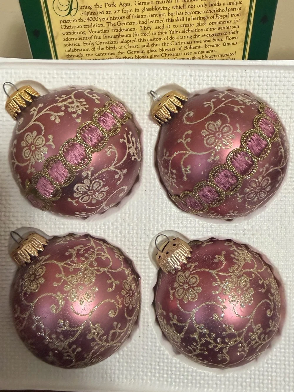 Christmas By Krebs -Style Pink Gold Floral Glass Holiday Ornaments - Set of 4